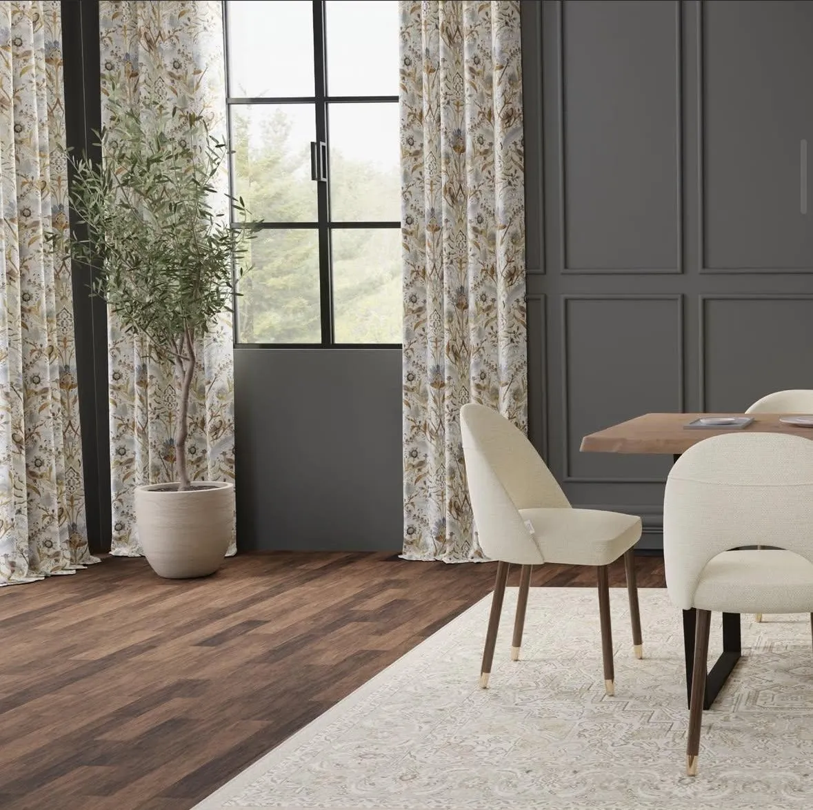 Living room with cream sofa, wooden coffee table, and green textured wall