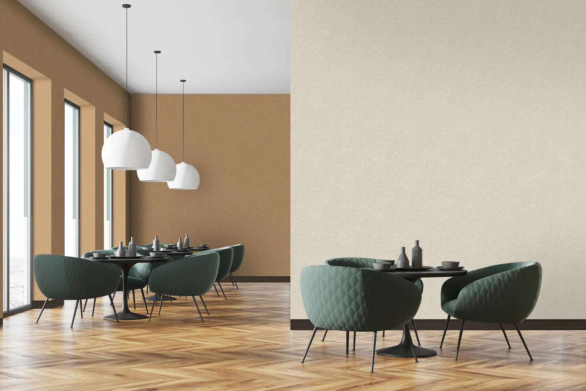 Round black table with metallic stools and pendant lights