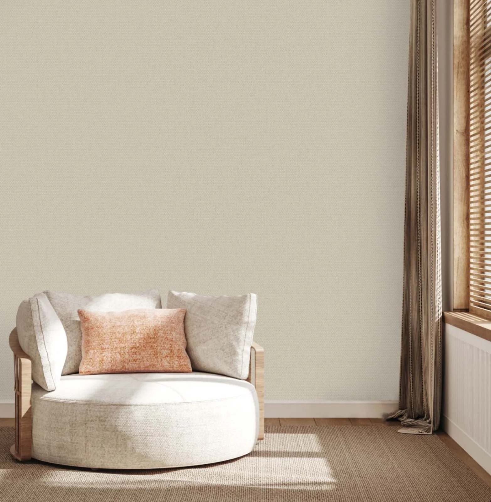 Living room with cream sofa, wooden coffee table, and green textured wall