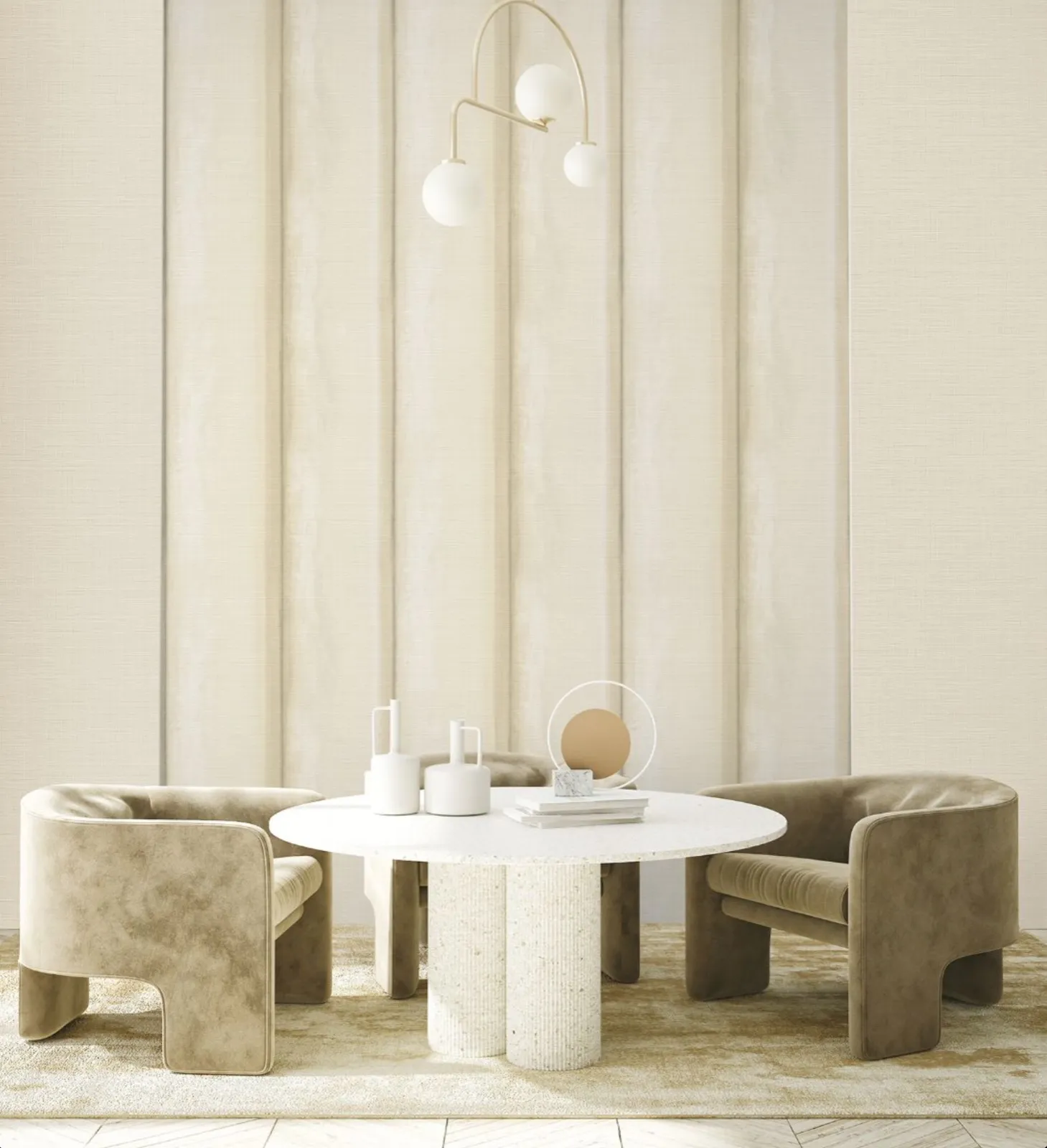 Living room with cream sofa, wooden coffee table, and green textured wall