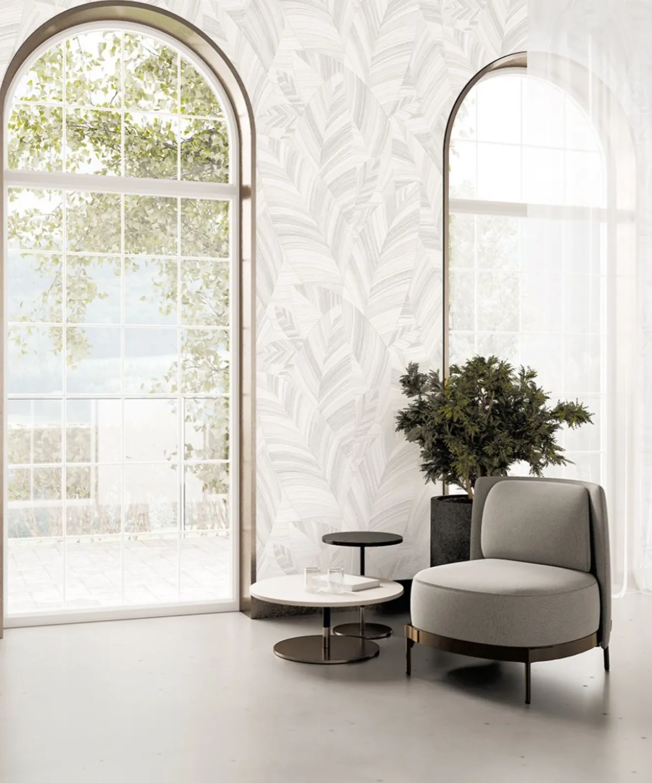 Dining area with light wooden table and decorative arched wall