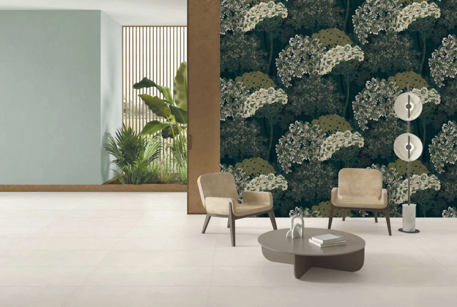 Living room with cream sofa, wooden coffee table, and green textured wall